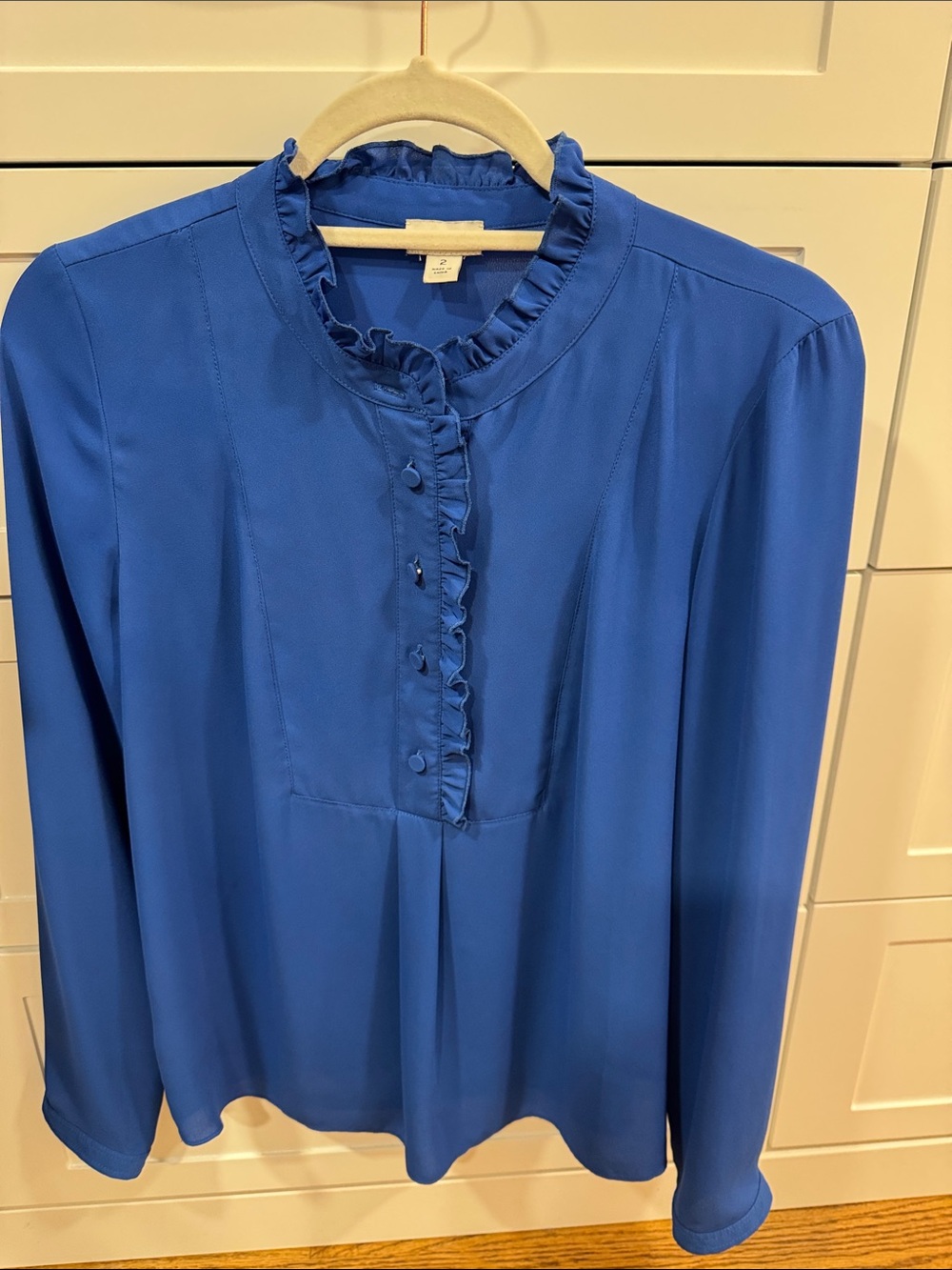 J. Crew Royal Blue Ruffle-Front Long-Sleeve Blouse